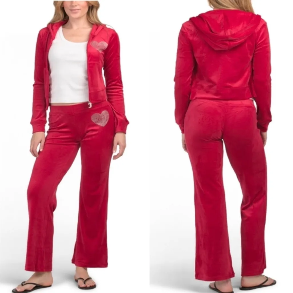🔥JUICY COUTURE Velour Tracksuit Hoodie & Pants Flash Red Bling Heart Logo MEDIUM - Image 8