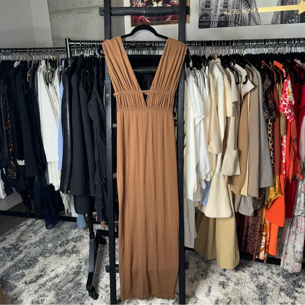 Ronny Kobo Charlie Dress Driftwood Brown Ruched Cutout Jersey Maxi - Image 4