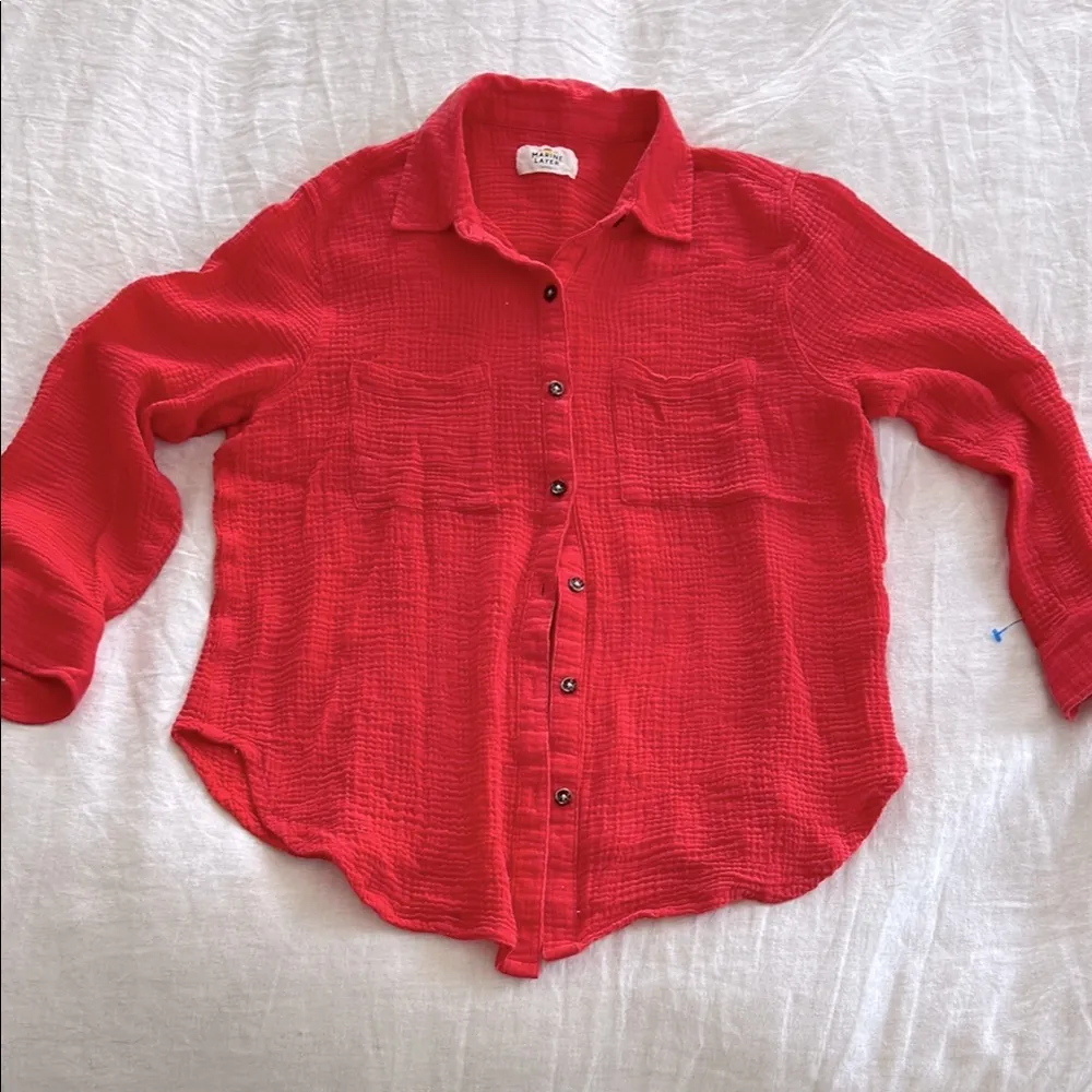 Marine Layer Abbey Double Cloth Cotton Gauze Button Down Hibiscus Red Small $98 - Image 2