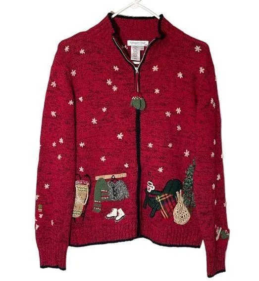 Coldwater Creek Red Knit Ugly Holiday Sweater Cardigan Winter Activities Medium - Image 1