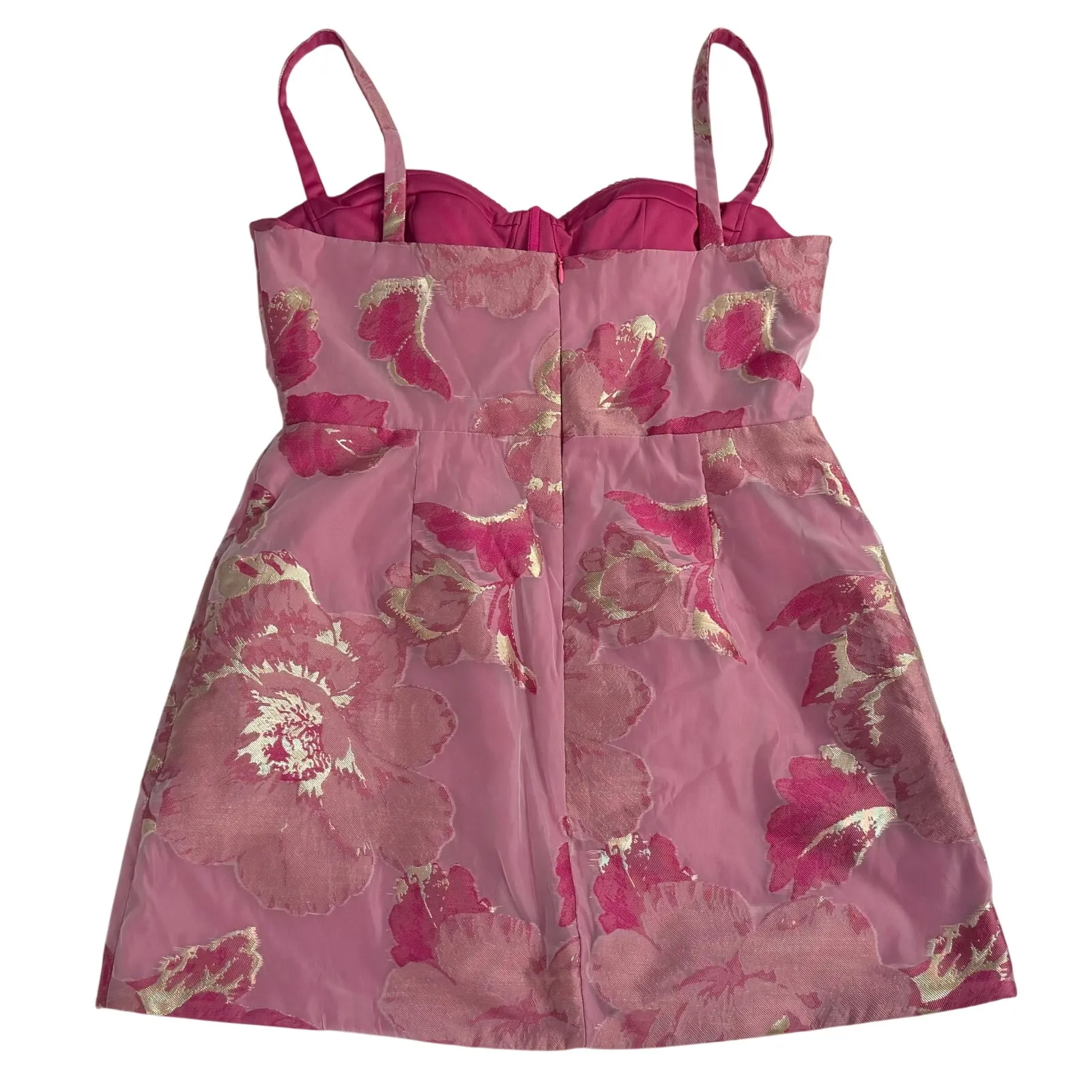 Katie May Claudette Mini Dress in Pink Peacock Floral Metallic size Large - Image 6