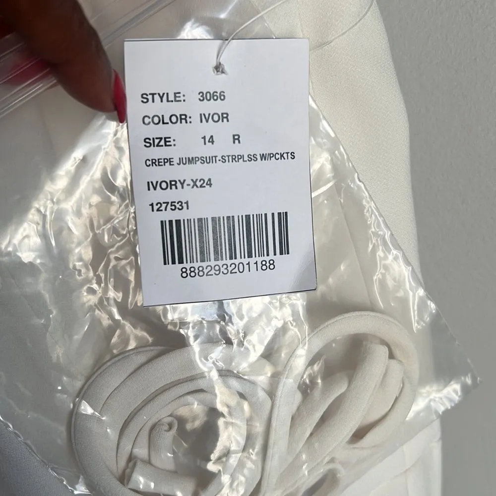 NEW Dessy Collection STRAPLESS NOTCH CREPE JUMPSUIT WITH POCKETS IN IVORY White Size 14 - Image 8