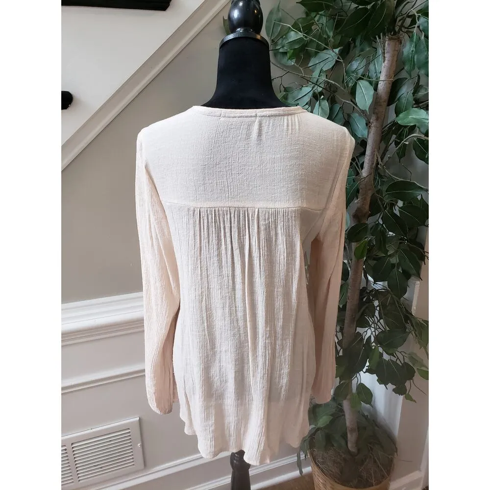 Jolt Top Blouse Women's XL Beige Floral Lace Overlay Rayon Long Sleeve V Neck - Image 4