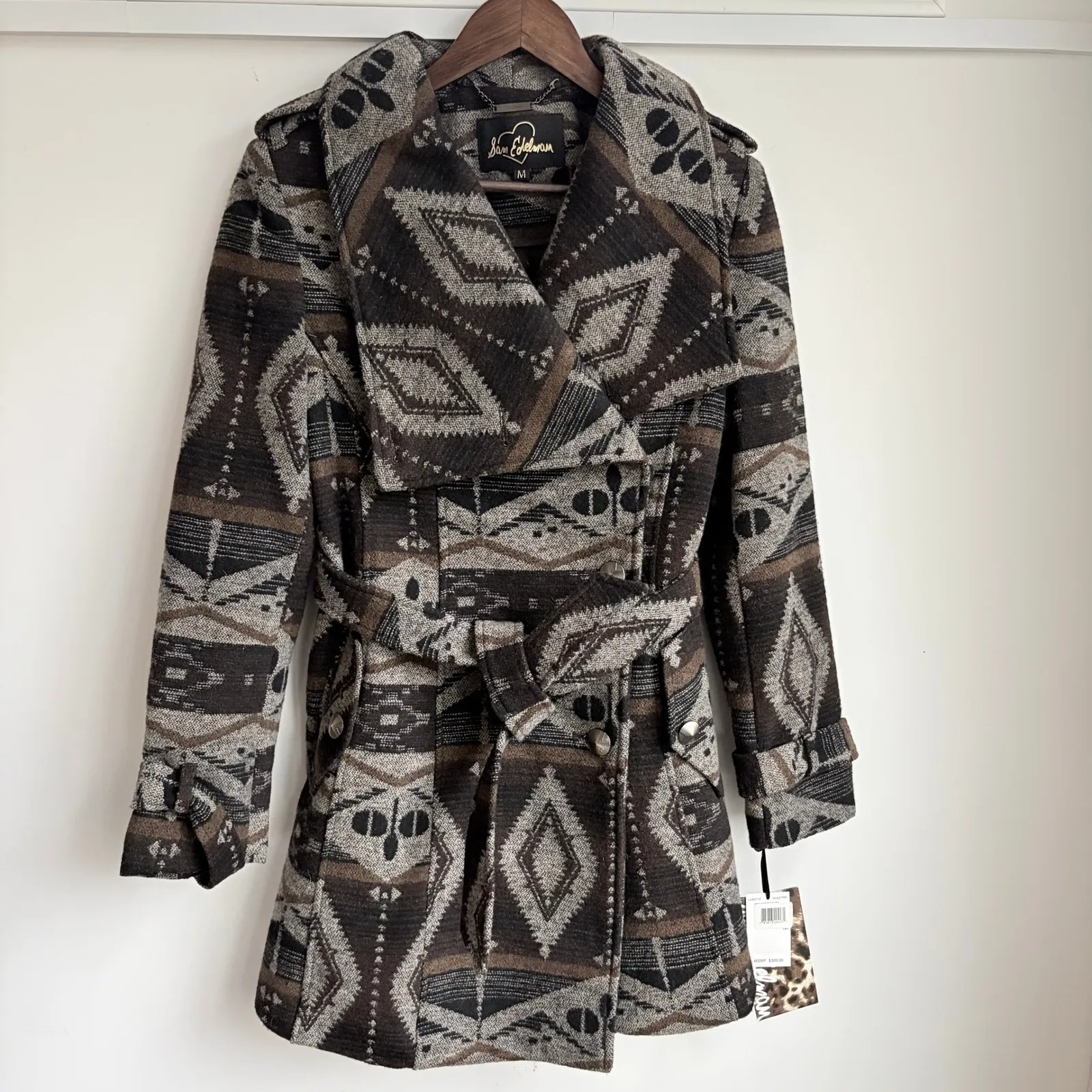 Sam Edelman Southwestern Medium Double Breasted Belted Trench Coat Jacket Wool - Image 2