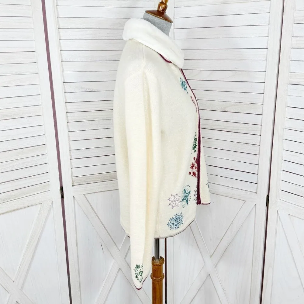 Karen Scott Vintage Snowflake Faux Fur Collar Wool Cardigan Sweater Cream Medium - Image 3