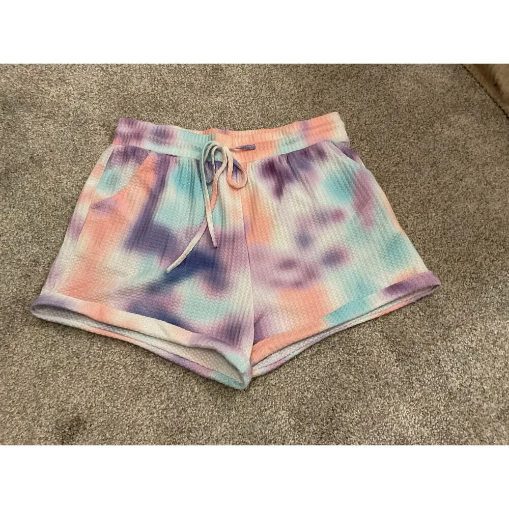 Pastel Blend Tie-Dye Waffle Knit Pajama Lounge Shorts Set, sz L - Image 5