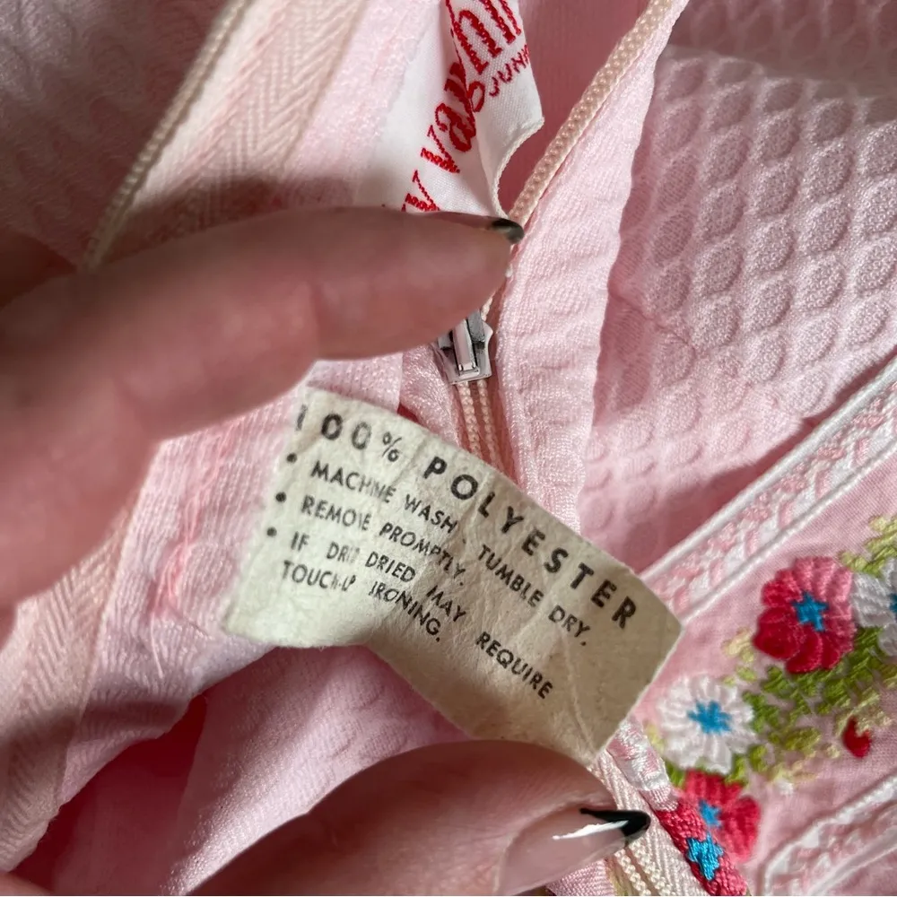 Vintage 60s Vicky Vaughn Junior Pink Maxi Dress Floral Ribbon Ruffle Small 25" W - Image 8