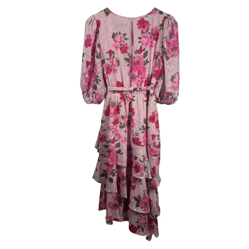 Sugar Lips Celia Asymmetrical Ruffle Midi Dress Women XS Pink Floral Spring Prep - Image 2