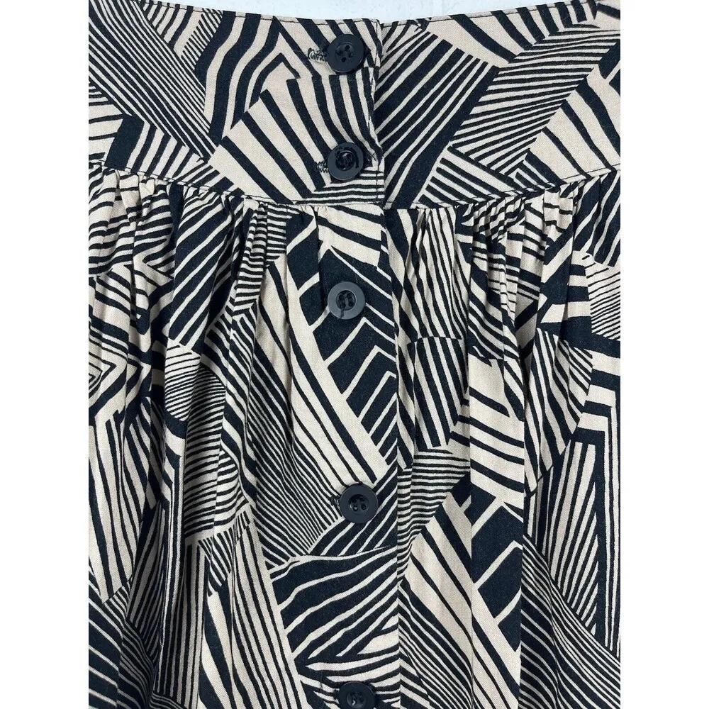 Papaya Pinkish Tan Black Tropical Leaf Striped Print Button Pleated Mini Skirt M - Image 6