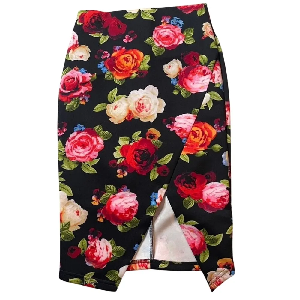 GUESS Floral Print Pencil Skirt Black Red‎ Pink Roses Tulip Slit Size S - Image 3