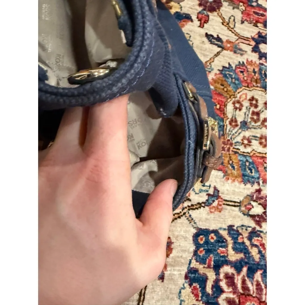Michael Kors Bedford Navy Canvas Leather Satchel Tote Bag Shoulder Purse MK - Image 8