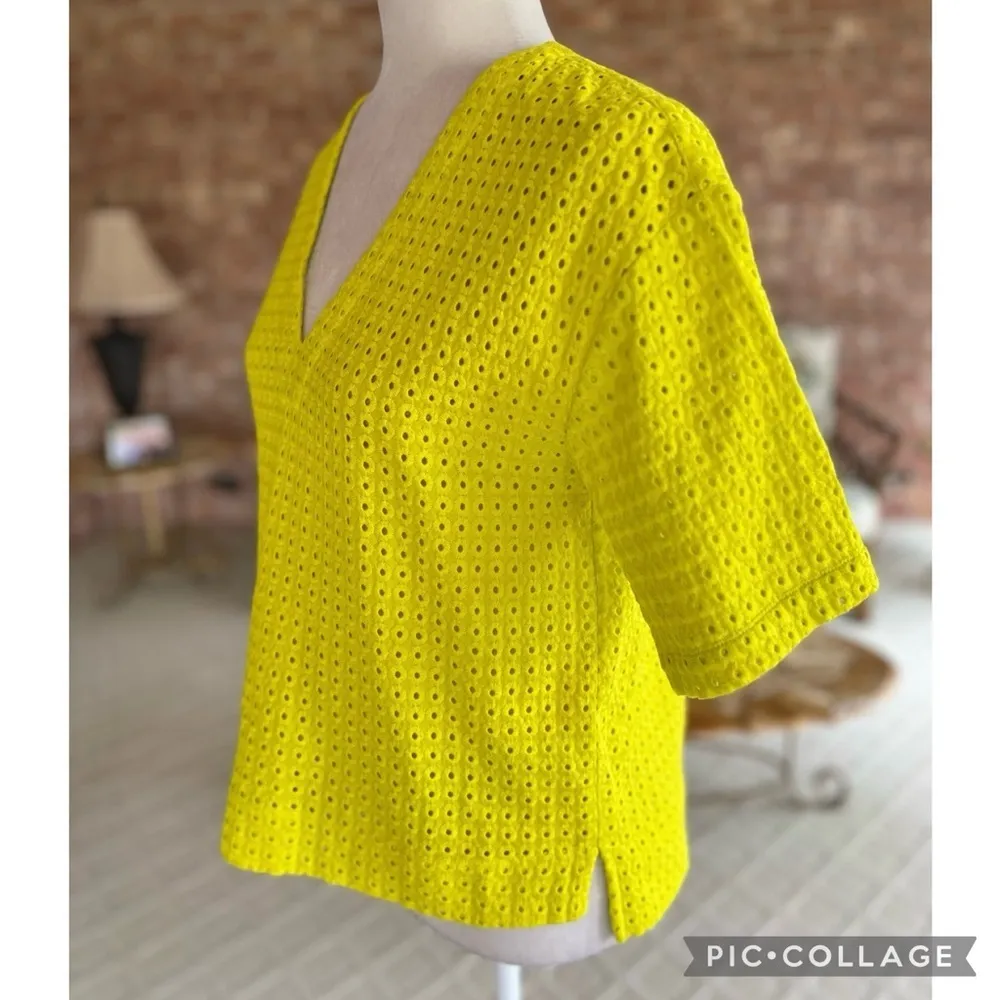 Theory Nolani Top Neon Embroidered Eyelet Short Sleeve Yellow XS V-Neck Bright - Image 11