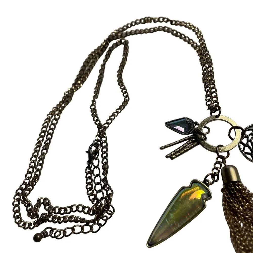 Vintage Charm Long Gold Tone Necklace Metal Tassels Pendant Charms u - Image 5