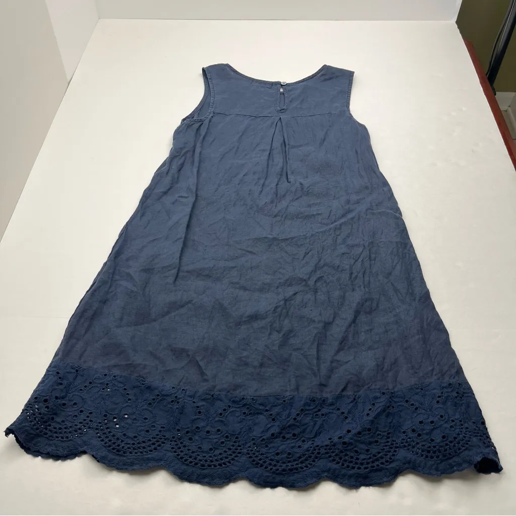 Terzo‎ Millennio 100% Linen Sleeveless Shift Dress Eyelet Hem Women Size XS Blue - Image 10