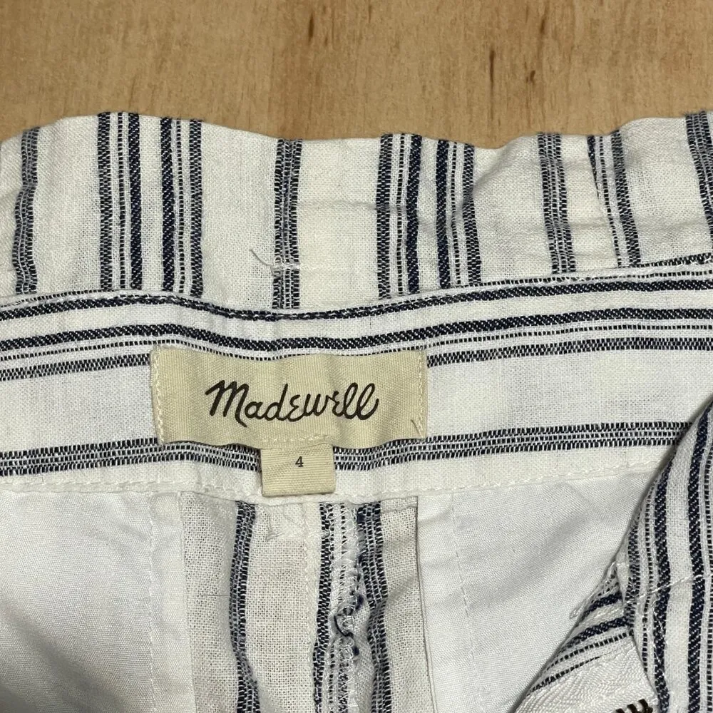 Madewell Linen Cotton High Rise White With Blue Stripes Paperbag Pants Size 4 - Image 5