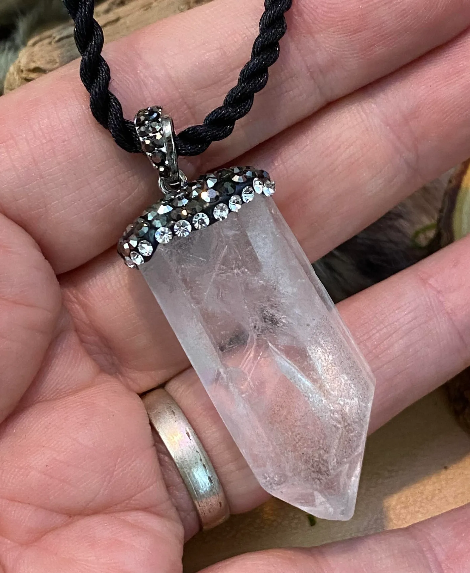 Clear Quartz stone encrusted pendant on silk cord White - Image 8
