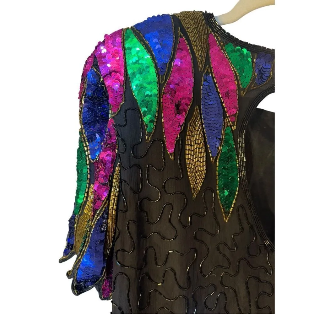 Vintage Stenay Mardi Gras 100% Silk Rainbow Sequins Shoulder Pads Party Dress Sz Black Size 12 - Image 7