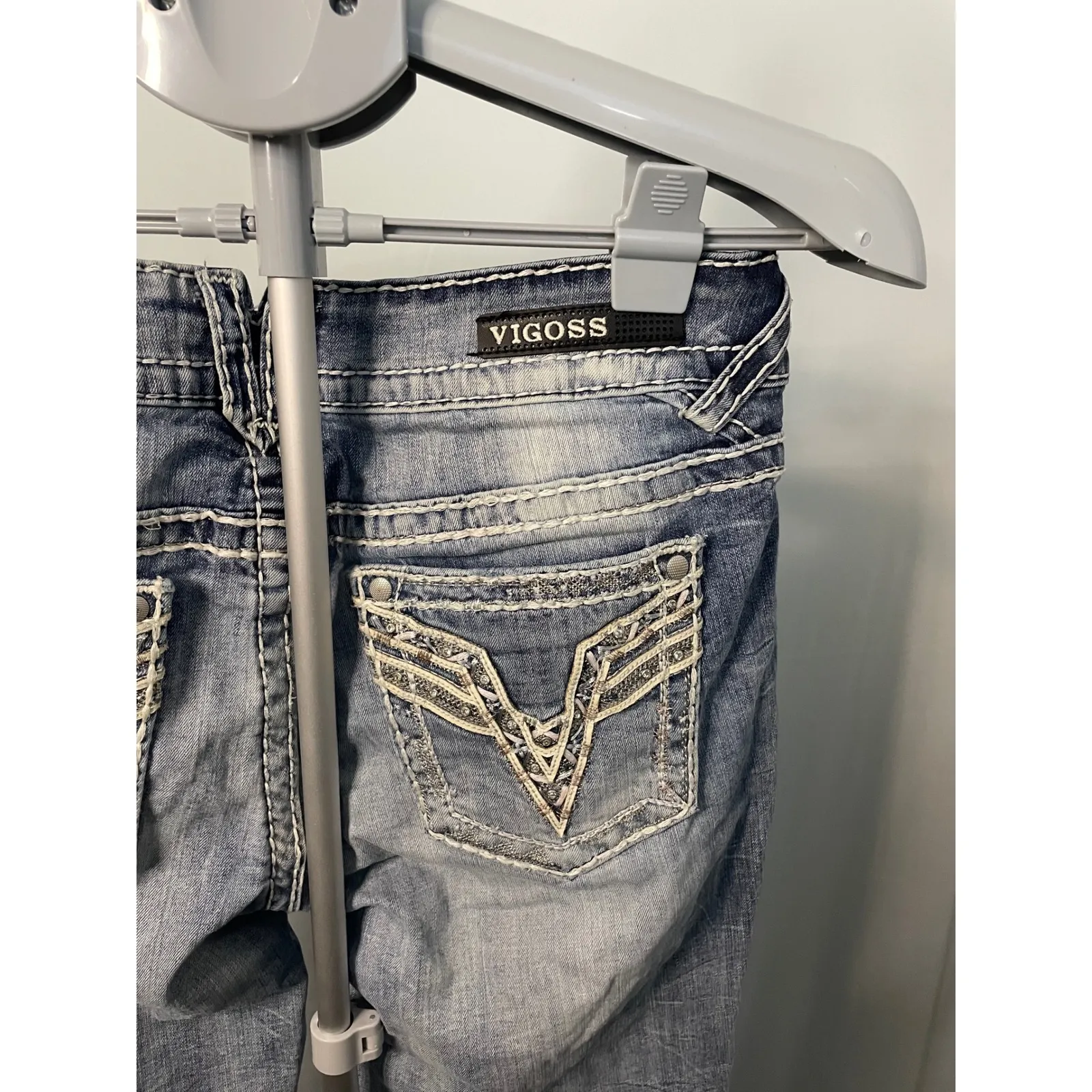 Y2K Vigoss‎ Women's Blue Denim Embellished Pockets Ripped Distressed Jeans 9/10 - Image 6