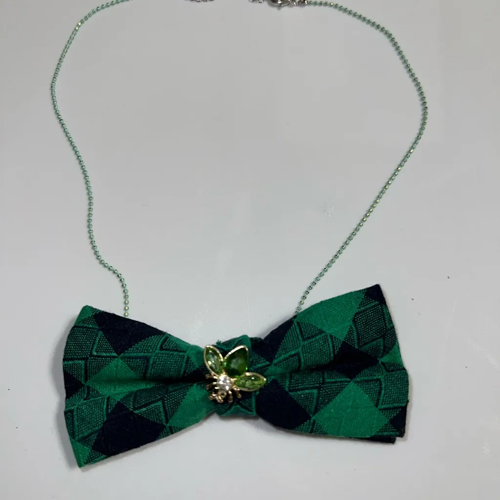 “Dainty Dapper”Green and Black Plaid Bow Tie Necklace Green - Image 2