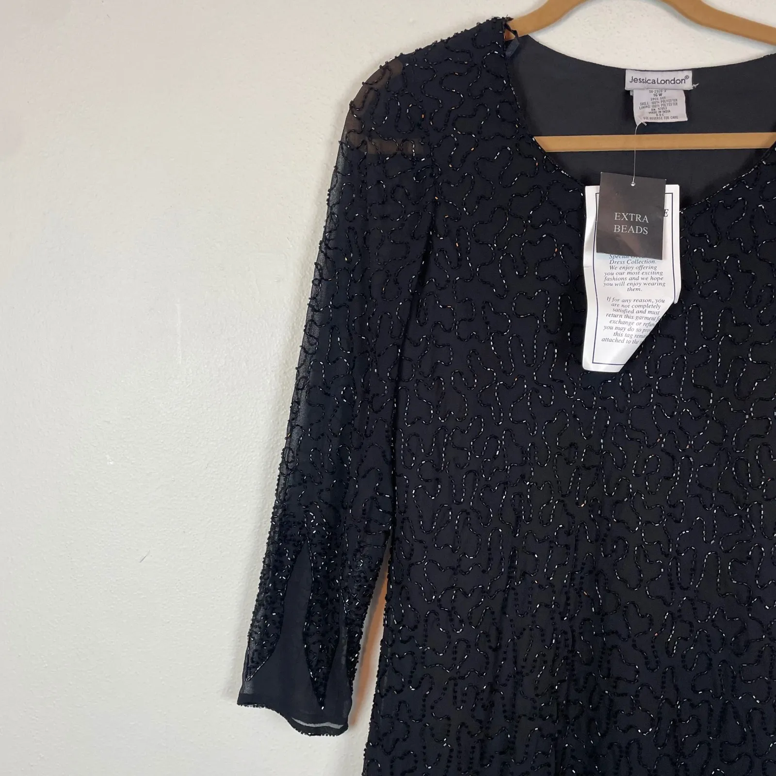 NOS VTG Jessica London Black Fully Beaded Sheer Sleeve‎ Cocktail Party Dress 16W - Image 3
