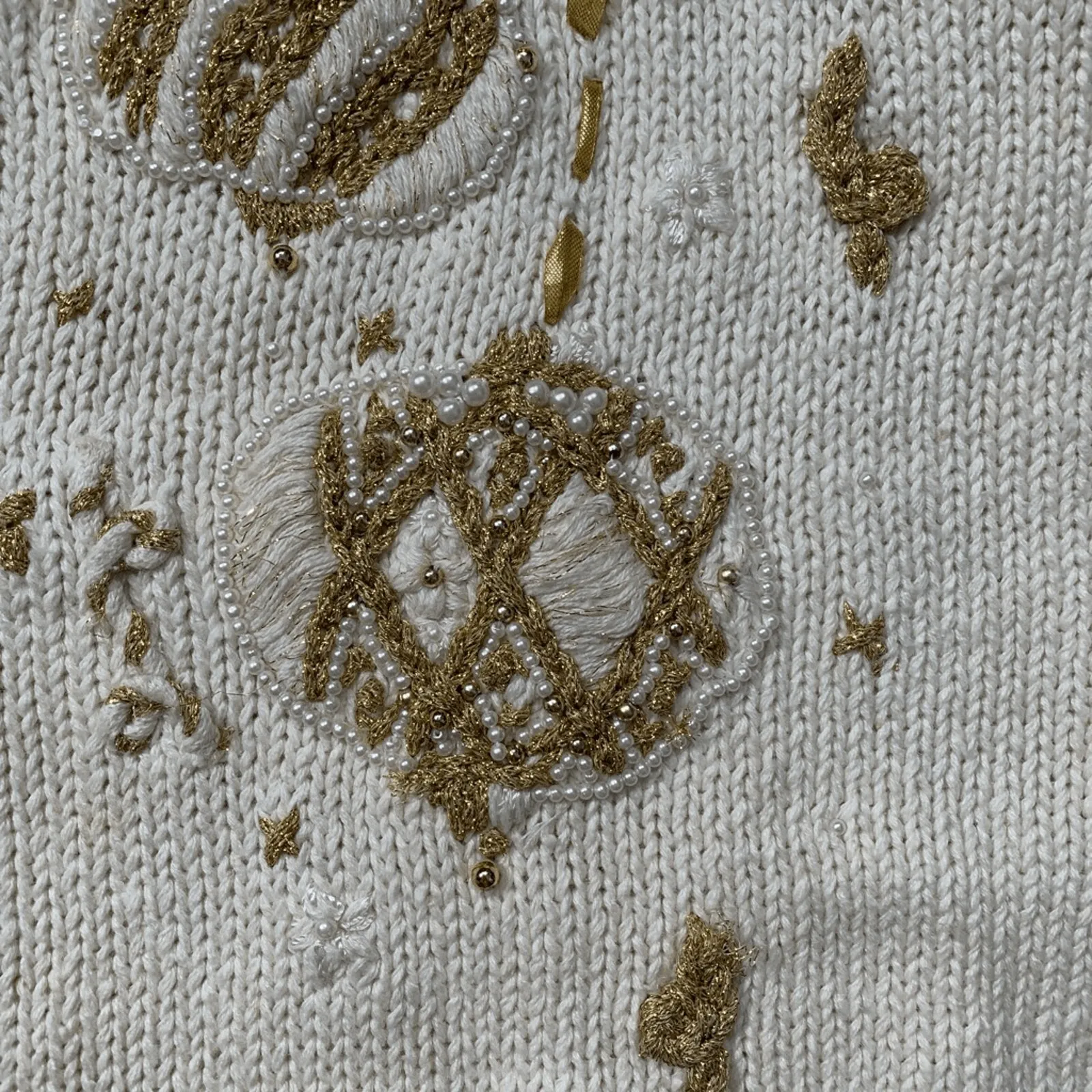 Vintage 90s Jacqueline Ferrar Cream Gold Ornament Knit Cardigan Sweater Small - Image 14