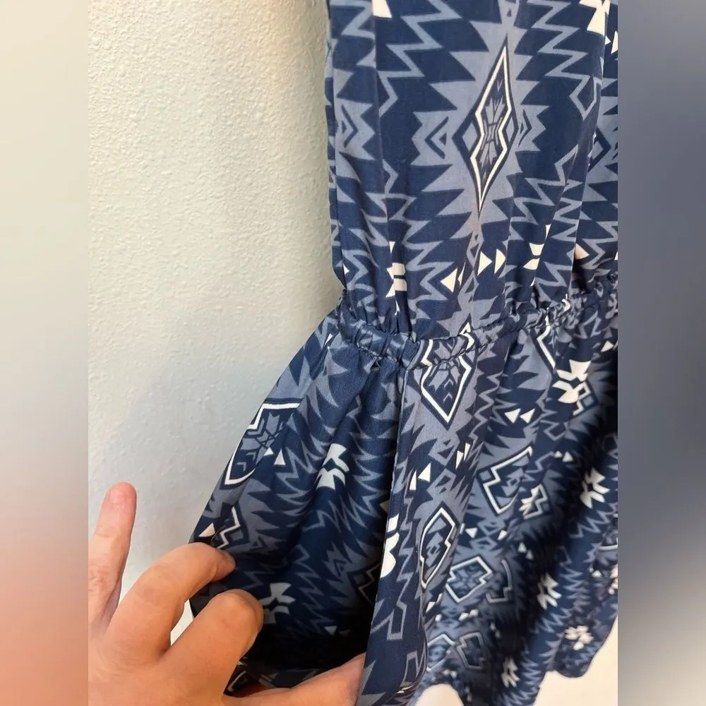 Pink Rose Women’s Blue Aztec Bohemian Print Pocket Short Sleeve Mini Dress Small - Image 7