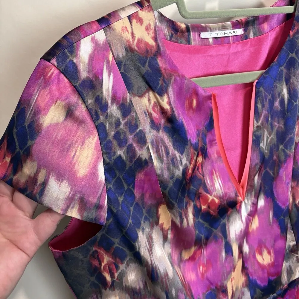 Tahari Dress Womens 14 Watercolor Floral V-neck Satin Feel Cap Sleeve Work Party - Image 3