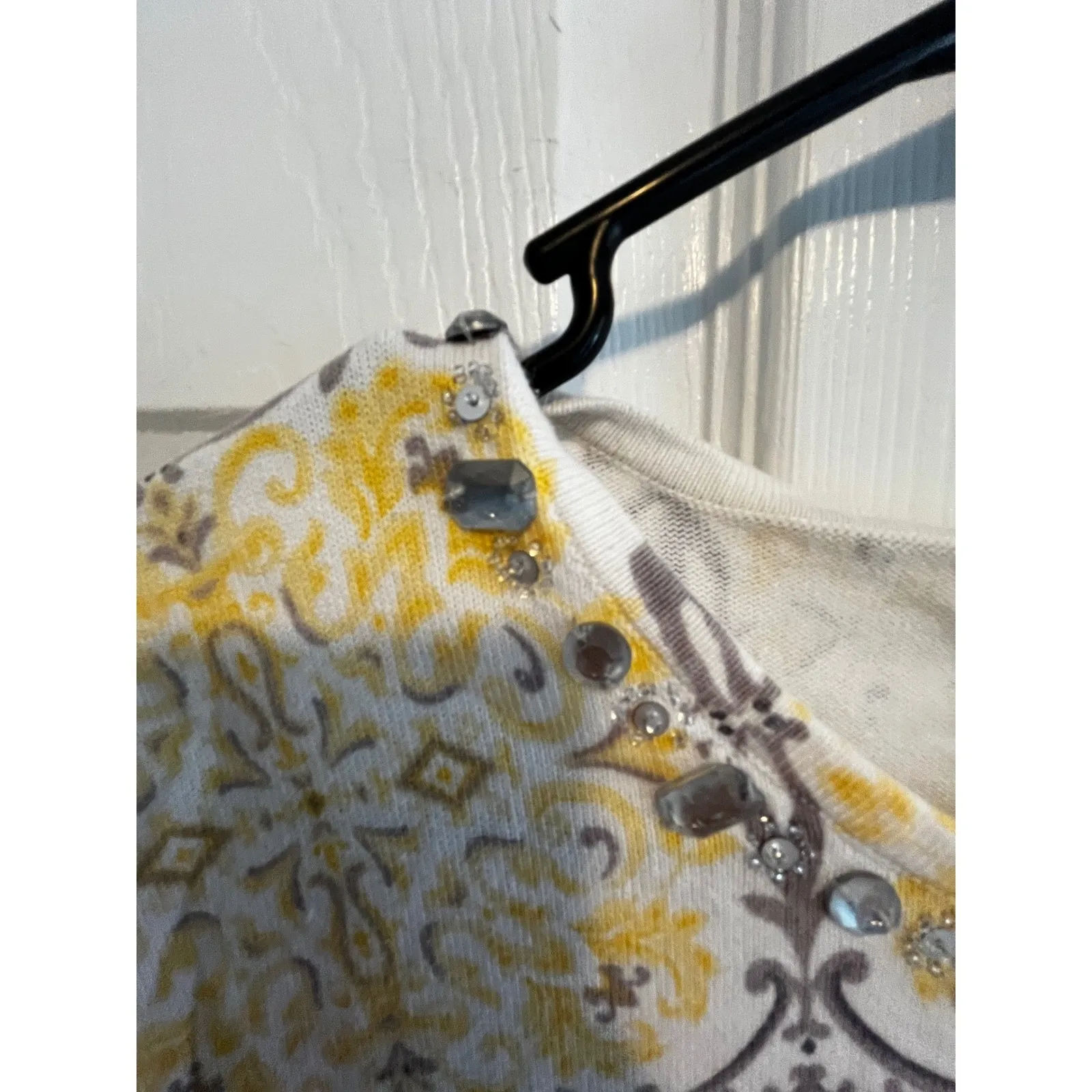 Alfred Dunner Cardigan Top Yellow Gray Floral Embellished Neckline Size S - Image 8