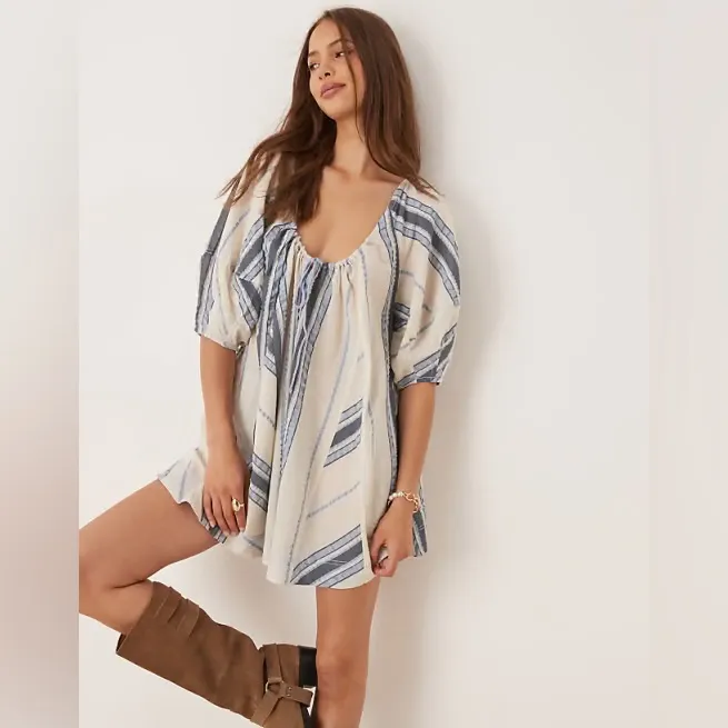 NEW! Free People BOP AROUND Romper M Seaside Stripe Ivory Blue Striped Shorts - Image 4