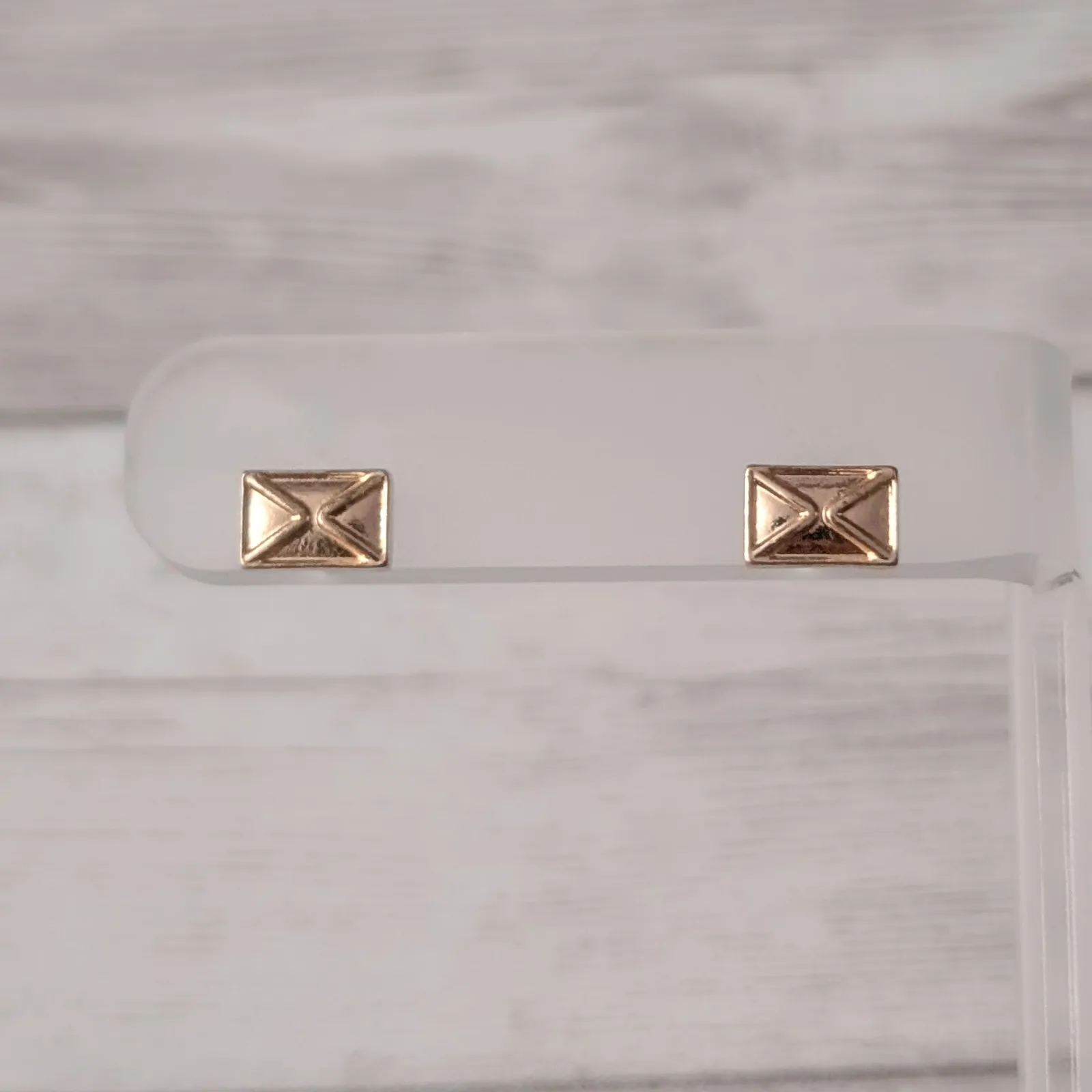 Vintage Stud Earrings Small Gold Tone Rectangle with Design - Image 3