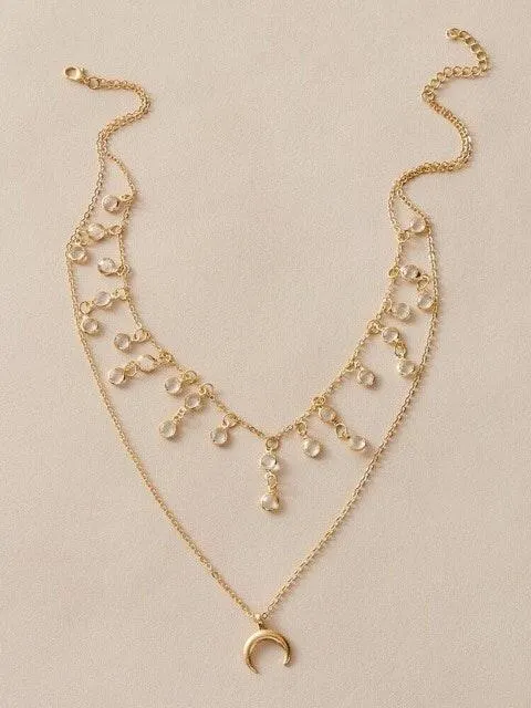 Moon Charm Rhinestone Pendant Layered Necklace Gold - Image 3