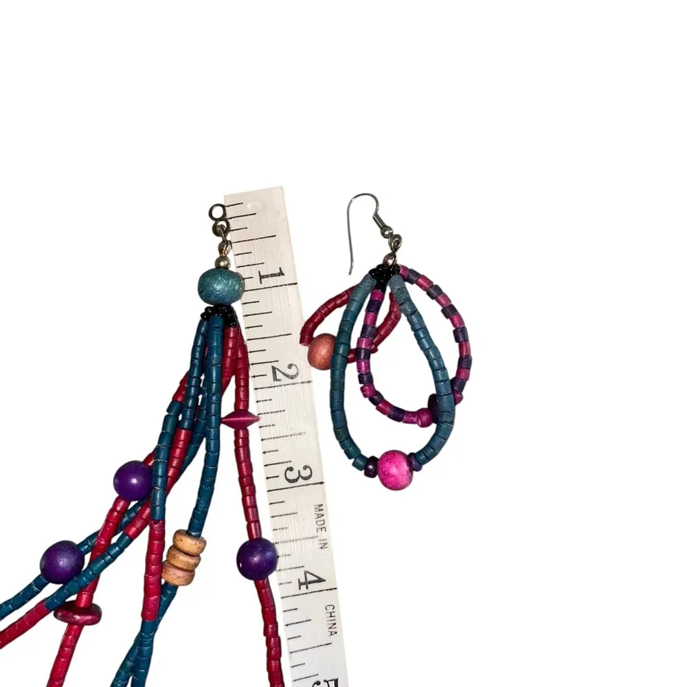 vintage 80s multi strand wood Beaded Necklace Earring Set teal magenta purple Red - Image 5