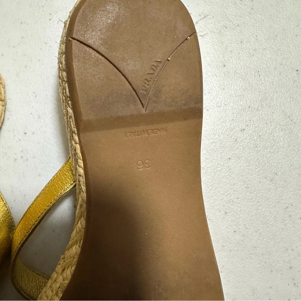 Prada Slides Thongs Wedge Platform Metallic  Gold Shoes Euro 36 Straw Raffia Sz6 - Image 13