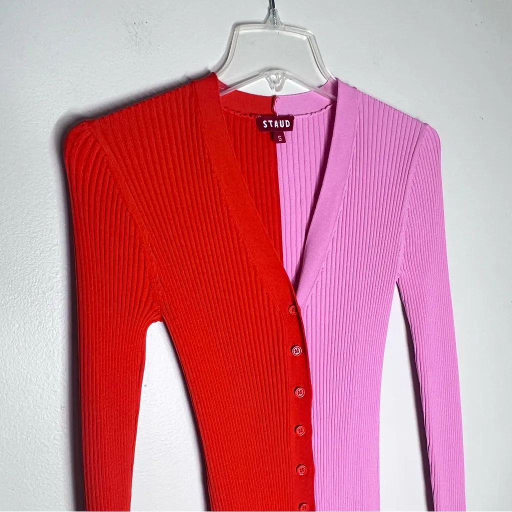 Staud Shoko Ribbed Knit Midi dress in Poppy Rosebud Pink Sz S Red - Image 4