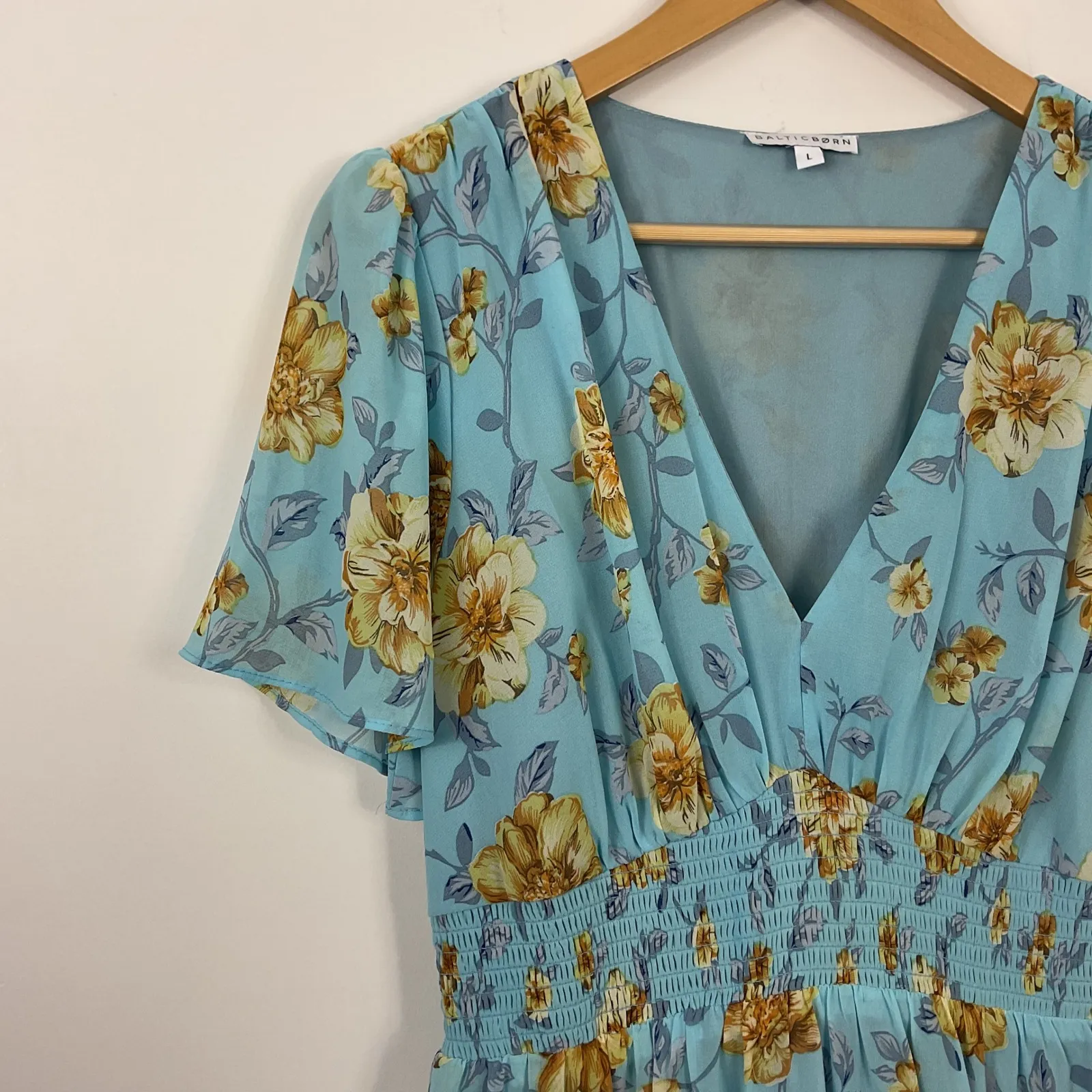 Baltic Born Birdie Aqua Floral Maxi Dress Flutter Sleeve V Neck Womens L - Image 2