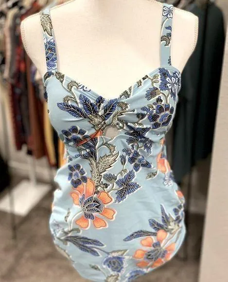 Beach Bump by Motherhood Maternity Blue Floral Keyhole Tie Back Tankini Top - Image 1