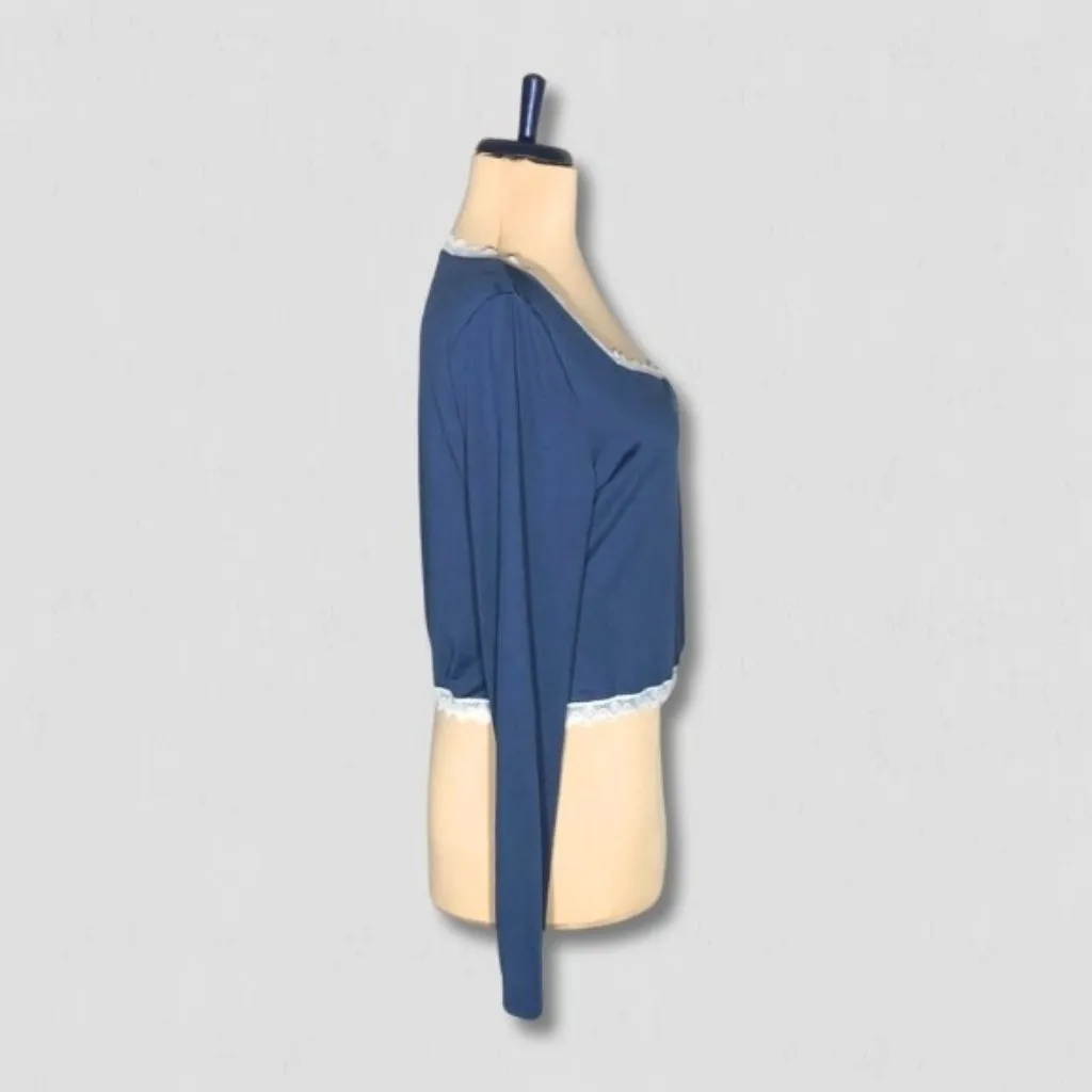 Forever 21 Long Sleeve T-Shirt Lace Trim Bow Detailed Square Neckline Blue sz M - Image 3