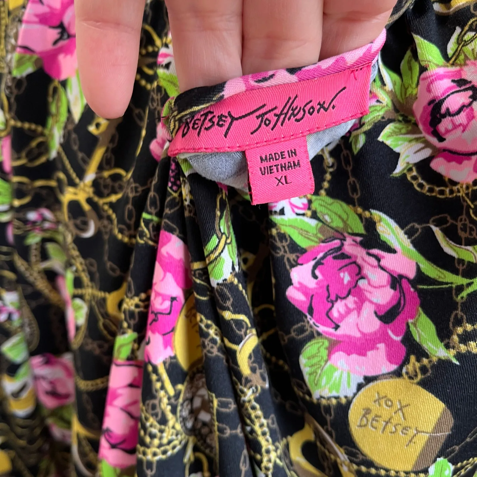 Betsey Johnson Floral Chain Print Blouson Top XL Pink Roses Boho Glam - Image 6