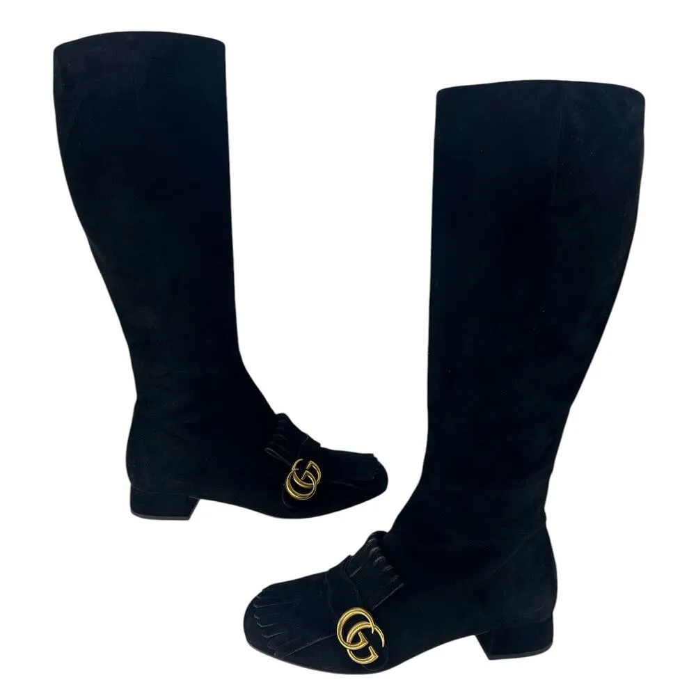 Gucci Suede Scamosciato GG Marmont Fringe Knee High Boots in Black - Image 4