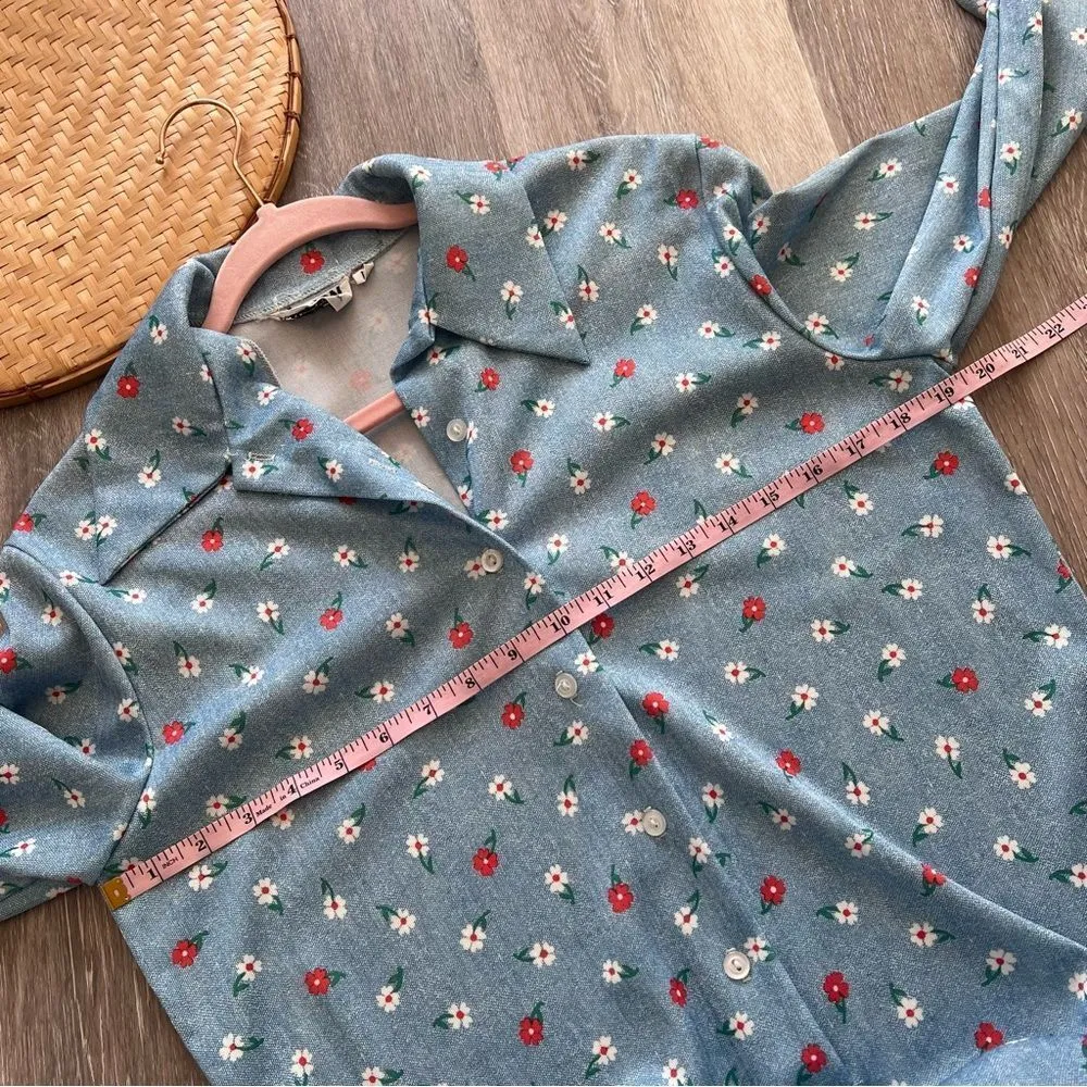 Vintage‎ 1970’s retro floral printed bodysuit play suit women’s size L Blue Size L - Image 5