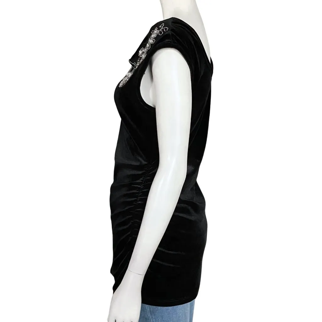 Vintage Y2K Black Velvet Asymmetrical Rhinestone Sequin Beaded Going Out Top M/L Size M - Image 3