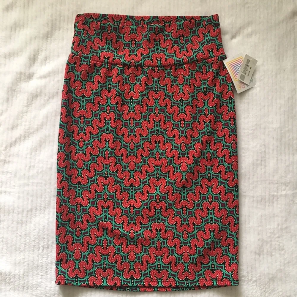 LuLaRoe Cassie Printed Red & Teal Pencil Skirt M - Image 6