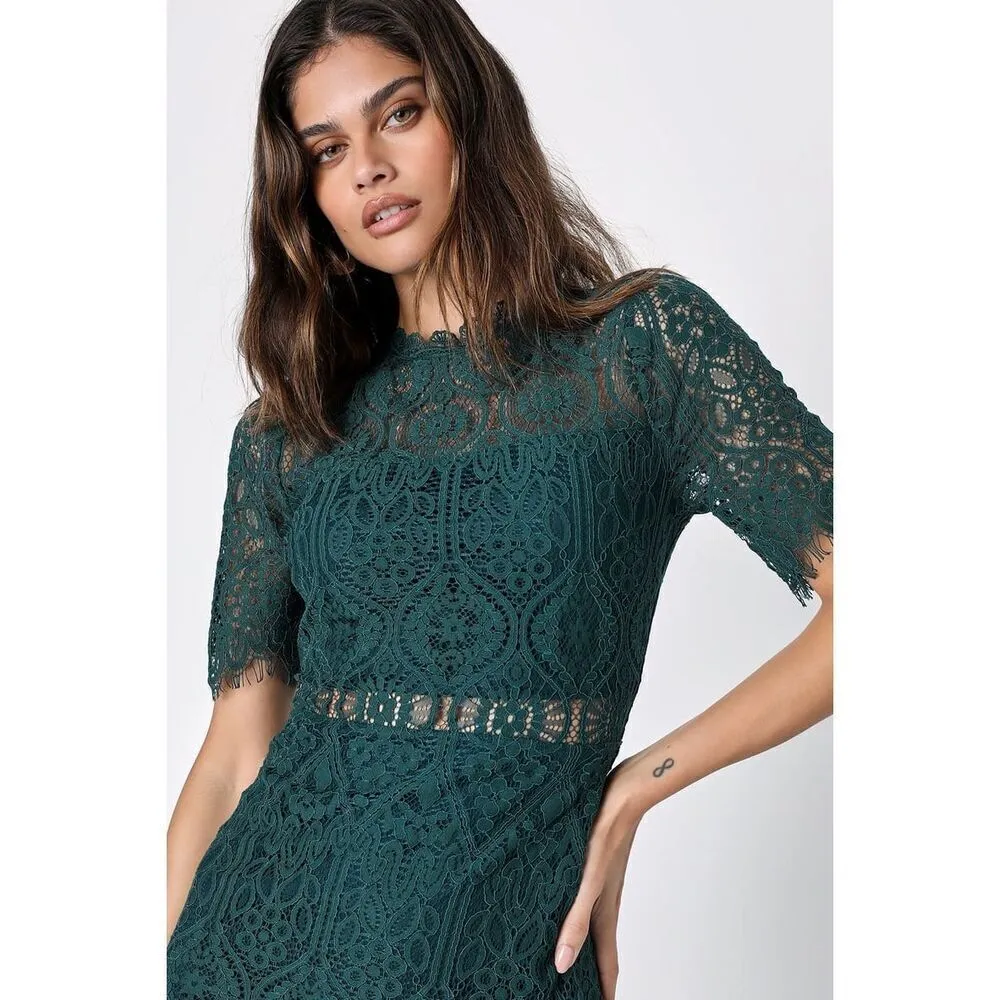 ✨Lulus Remarkable Forest Green Sheer Lace Short Sleeve Mini Sz Large Dress✨ - Image 3