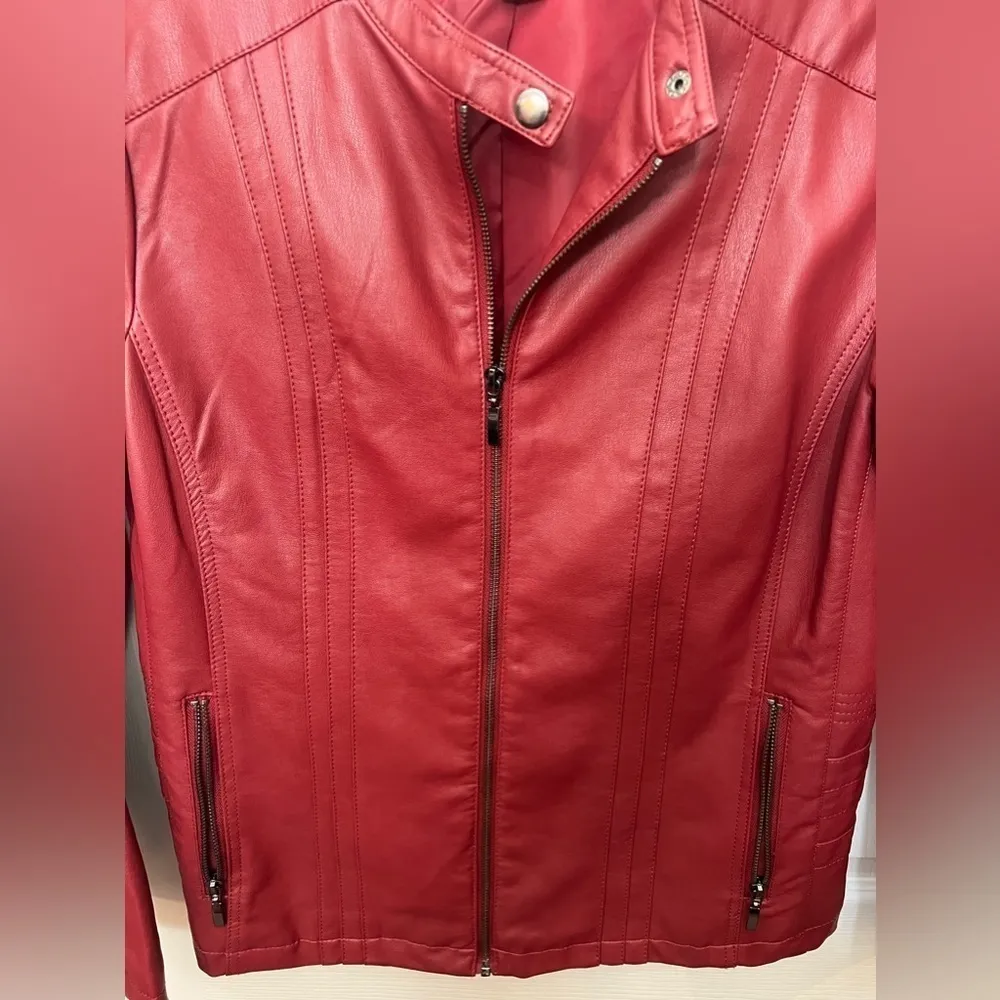 Christopher Banks Red Leather Motorcycle Jacket - Image 3