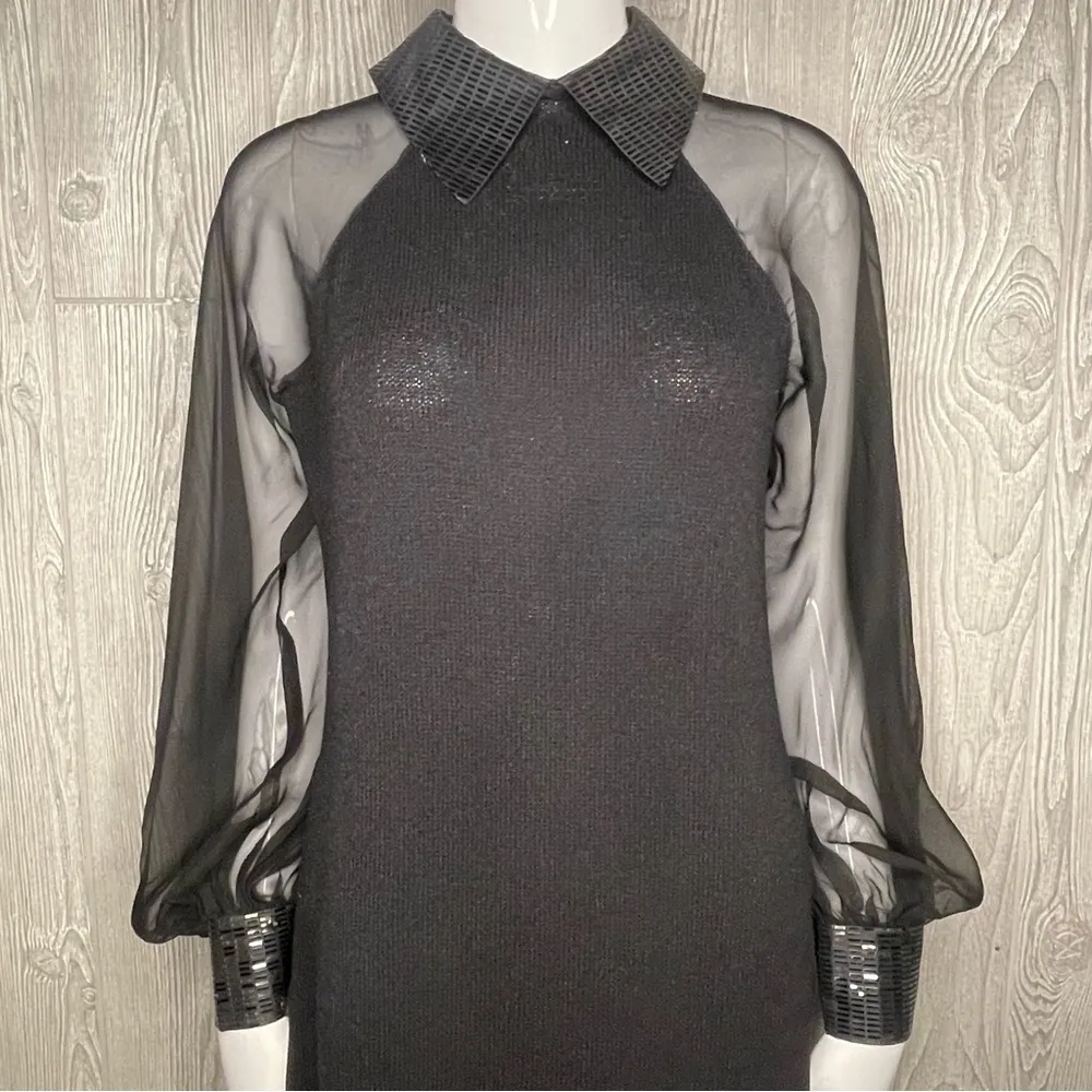 Vintage St. John designer black knit dress sheer long sleeve and sequin detail 8 - Image 4
