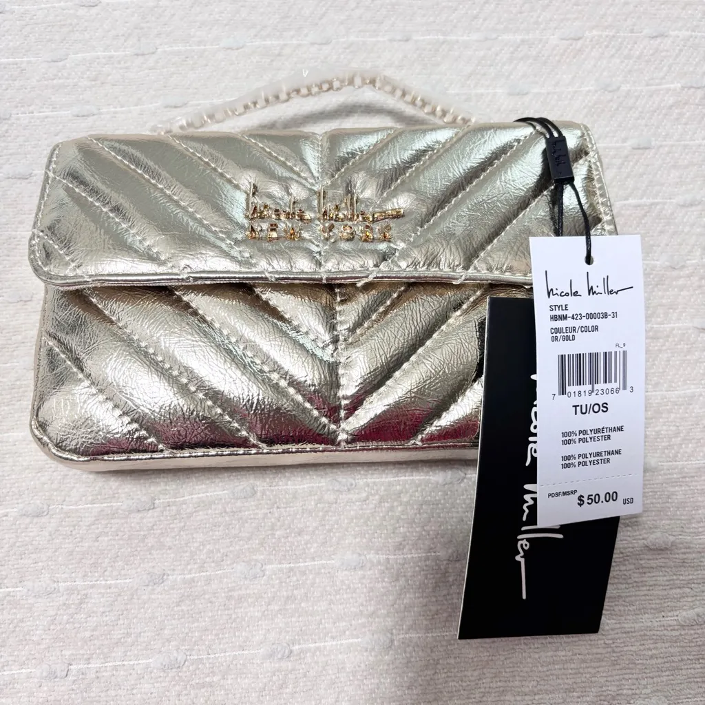 Nicole Miller Gold‎ Quilted Chain Strap Crossbody Small Bag Purse Card Slots NWT - Image 2
