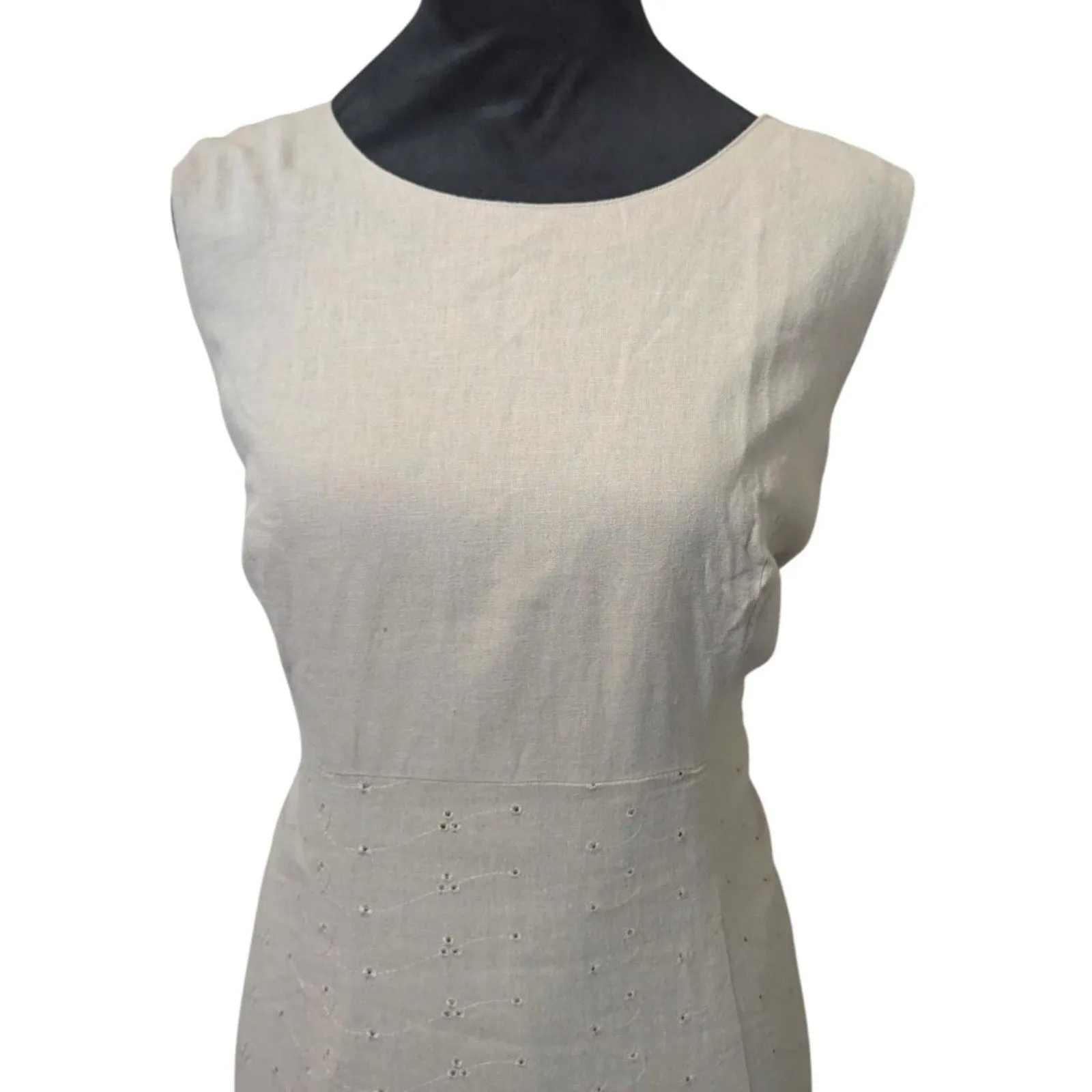 Sag Harbor Petite 14P Linen Sheath Dress Embroidered Eyelet Beige Tan Minimalist - Image 2
