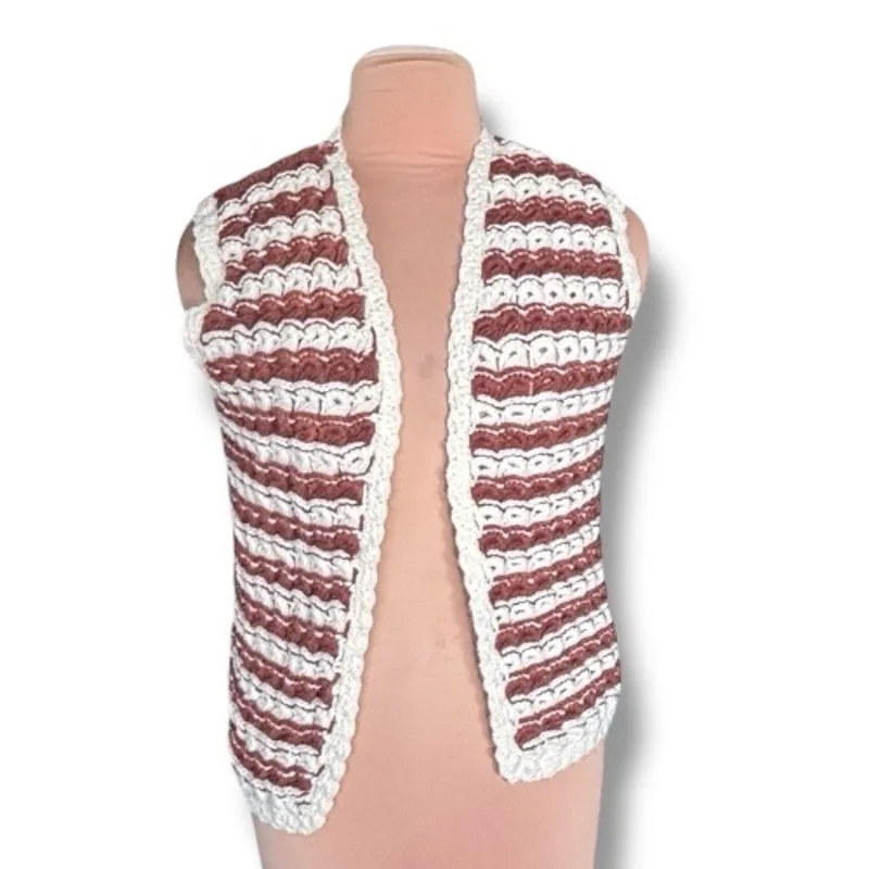 Vintage Handmade Crochet Vest Brown Cream Striped Chunky Knit Boho Layer Cozy Size M - Image 7