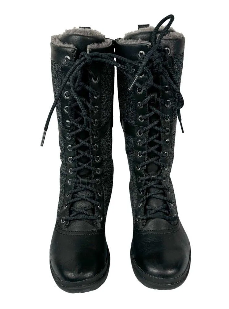 UGG Elvia Black Leather Waterproof Boots Sz 6 Knee High Lace Up Wool Lined - Image 3