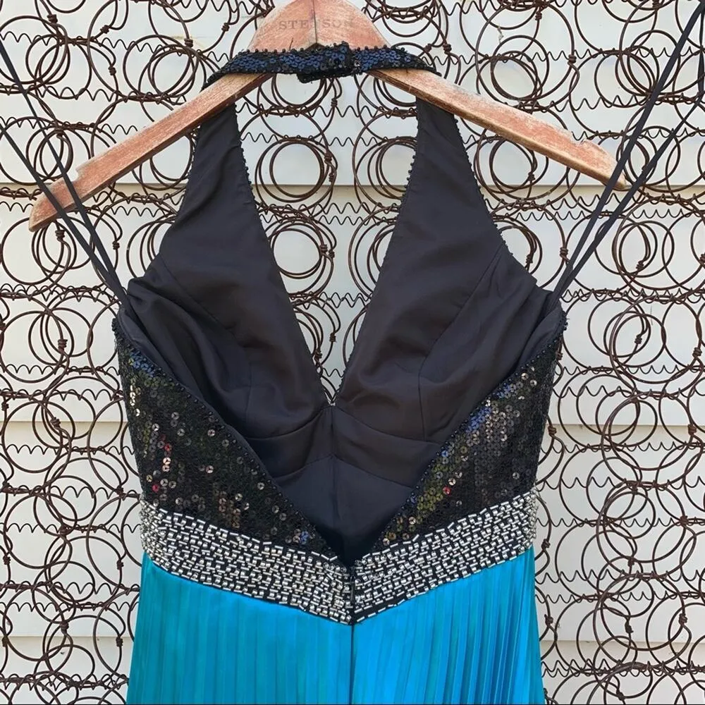 Y2K Mori Lee beaded sequin halter prom dress maxi gown teal black 5/6 - Image 7